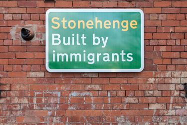 Jeremy Deller, Built by Immigrants (2019). Exhibition view: Jeremy Deller, Everybody in the Place: An Incomplete History of Britain 1984–1992, The Modern Institute, Aird’s Lane, Glasgow (16 March–11 May 2019). Courtesy the Artist and The Modern Institute/Toby Webster Ltd, Glasgow. Photo: Patrick Jameson.