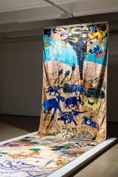 Khadim Ali, Invisible Border 1 (2020). Acrylic paint and dye, hand and machine embroidery stitched on fabric. 210 x 900 cm. Collection: Sharjah Art Foundation. Exhibition view: Invisible Border, Institute of Modern Art, Brisbane (10 April–5 June 2021). Courtesy Institute of Modern Art. Photo: Marc Pricop.Image from:Khadim Ali's Invisible Border Expands TraditionRead ConversationFollow ArtistEnquire