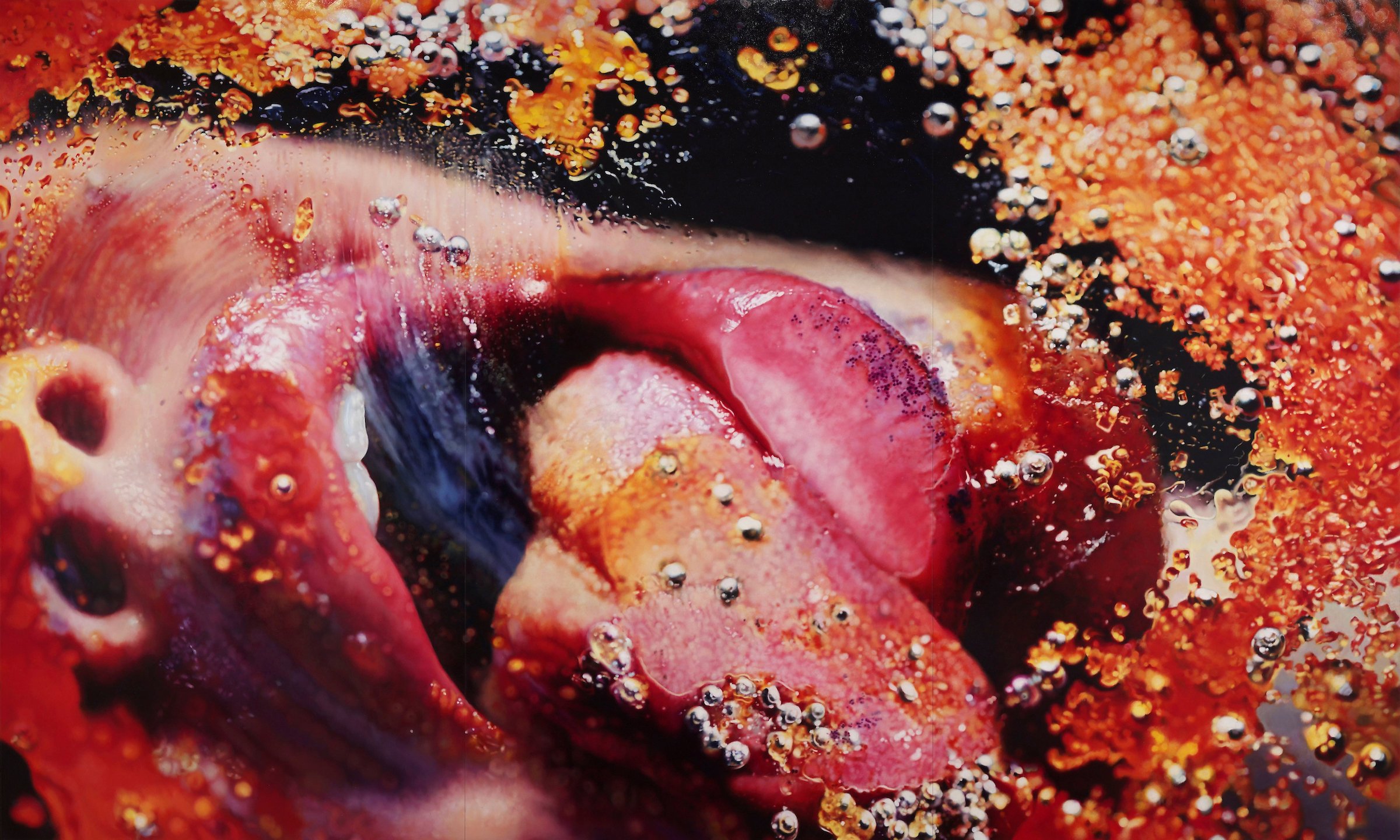 An enamel on metal artwork of a woman with bright red lipstick licking the screen's surface by Marilyn Minter, entitled Orange Crush dated 2009