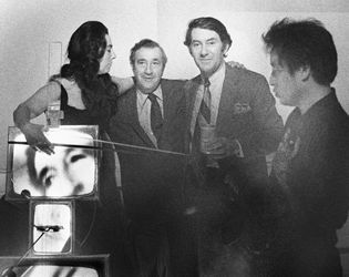 Charlotte Moorman, Jerome Wiesner, Otto Piene and Nam June Paik at ArtTransition, CAVS/MIT (1975). Courtesy Otto Piene Archive. Photo: Nishan Bichajian.