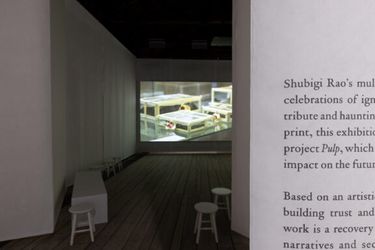 Exhibition view: Shubigi Rao, Pulp III: A Short Biography of the Banished Book, Te Wai Ngutu Kākā Gallery, Tāmaki Makaurau, Auckland (18 April–1 June 2024). Courtesy Te Tuhi. Photo: Sam Hartnett.
