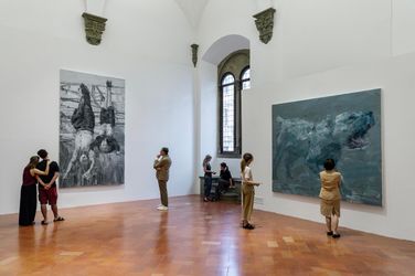 Left to right: Yan Pei-Ming, 29 aprile 1945, Piazzale Loreto, Milano (2022). Oil on canvas. 350 x 200 cm; Chien hurlant (2022). Oil on canvas. 240 x 280 cm. Exhibition view: Painting Histories, Palazzo Strozzi, Florence (7 July–3 September 2023). Photo: Ela Bialkowska, OKNO studio.Image from:Yan Pei-Ming: A Witness to HistoryRead FeatureFollow ArtistEnquire