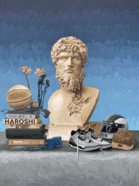 Still Life with Eroded Bust of Lucius Verus, Sneakers, Helmet, and Basketball by Daniel Arsham contemporary artwork painting