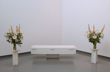Joe Scanlan, Do It Yourself Dead on Arrival (AnnLee), 2002, BILLY bookcase parts(IKEA), DIY manual, funeral bouquet, dimensions variable. Collection Van Abbemuseum, Eindhoven, the Netherlands.Joe Scanlan, Last Call, 2002, inkjet pigment on canvas, 157.3×97×3cmJoe Scanlan, DIY or How To Kill Yourself Anywhere in the World for Under $399, 2002, book, offset on paper, 21×14.9×0.8cm