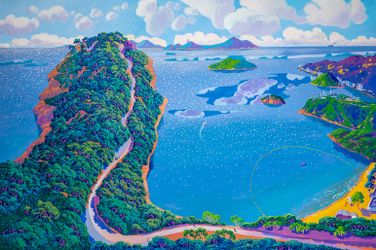 Stephen Wong Chun Hei, Chun Hom Kok and Ocean Park (2022). Acrylic on canvas.100 x 150 cm. Courtesy Unit London.