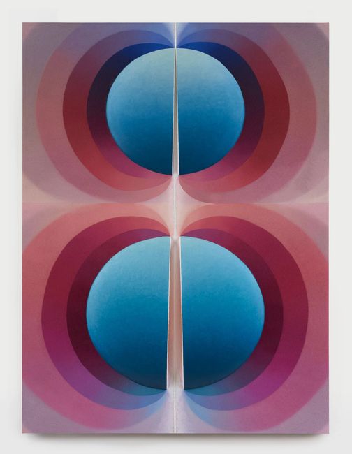Split orbs in teal, purple, and fuchsia by Loie Hollowell contemporary artwork