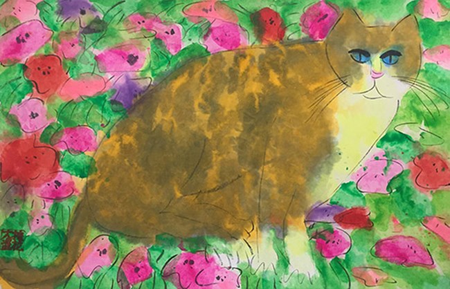 Beige Cat by Flowering Bushes by Walasse Ting contemporary artwork
