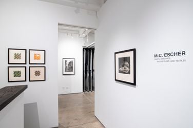Exhibition view: M.C. Escher, Prints, Drawings, Watercolors and Textiles, Bruce Silverstein, New York (18 September–20 November 2021). Courtesy Bruce Silverstein.