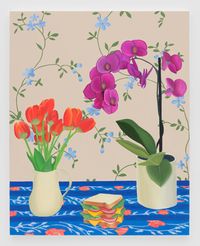 Purple orchid with tulips and sandwich by Alec Egan contemporary artwork painting, works on paper