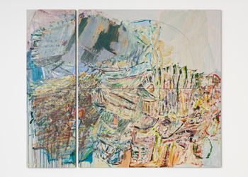Pam Evelyn, Promised Land (2022). Oil on linen. Triptych. Overall dimensions: 320 x 390 cm; Left panel: 320 x 100 cm; Right panels (each): 160 x 290 cm. Courtesy the artist and The Approach. Photo: Michael Brzezinski.Image from:Pam Evelyn in the StudioRead Studio VisitFollow ArtistEnquire