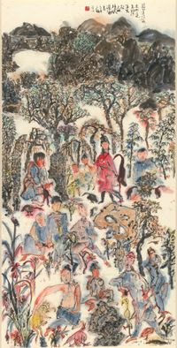 Monks Walk Away in the Mountain Guan by Peng Yu contemporary artwork painting, works on paper, drawing