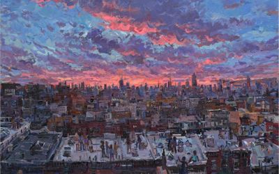 Todd Bienvenu, View of NYC from my Bushwick rooftop (2022). Oil on linen. 213 x 243 cm. © Todd Bienvenu. Courtesy the Artist and Almine Rech. Photo: Dan Bradica.