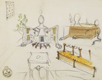 Étude de mobilier, sphinge constituant une cheminée pour un bain chauffé et banquette avec un « G » pour le château de Púbol by Salvador Dalí contemporary artwork drawing