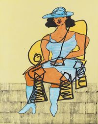 Leisure Woman in Blue Dress on Hardwood Floor by Tschabalala Self contemporary artwork painting, works on paper, drawing