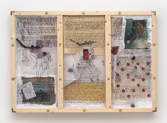Kim Yong-Ik, Triptych (1970–2022). Acrylic and oil on canvas, canvas fabric, cotton, wood, ink drawing on paper, coin, incense, incense burner, wire mesh, oil-based ink on acetate film. 157 × 226 × 16 cm.