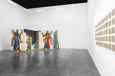 Exhibition view: Michael Rakowitz, The invisible enemy should not exist (Northwest Palace of Kalhu, Room S, Western Entrance), Green Art Gallery, Dubai (19 September–23 November 2022). Courtesy the artist and Green Art Gallery.
