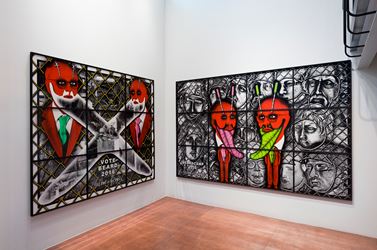 Exhibition view: Gilbert & George, THE BEARD PICTURES, Lehmann Maupin, Seoul (10 January–16 March 2019). Courtesy the artist and Lehmann Maupin, New York, Hong Kong, and Seoul.