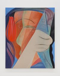 Face Holding a Fish and a Red Tulip by Aurélie Gravas contemporary artwork painting, works on paper