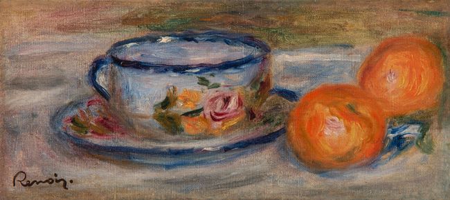 Nature morte à la tasse de thé et aux oranges - Deux oranges et tasse by Pierre-Auguste Renoir contemporary artwork