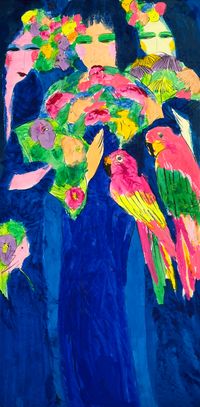 Three Ladies with Floral Fans and Two Parrots by Walasse Ting contemporary artwork painting, works on paper, drawing