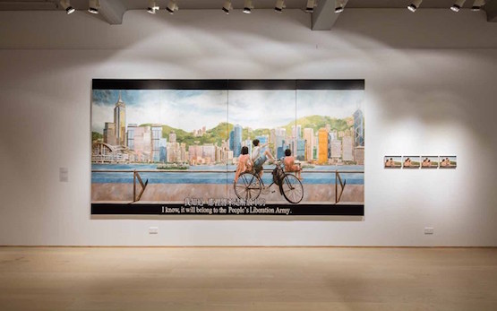 Exhibition view, Chow Chun-Fai, Little Cheung, it will belong to the People's Liberation Army, 2014. Acrylic on canvas. 244 x 488 cm. Image