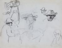 A Man Driving Two Cows, a Cow Seen from Behind, a Man Carrying a Churn and Head Studies by Camille Pissarro contemporary artwork drawing