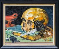 After Pieter Glass: Still life with skull and a writing quill by Frans Smit contemporary artwork painting