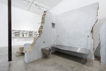 Group Exhibition, Protest, 2016, Exhibition views at Victoria Miro, Wharf Road, London. Image 1: Elmgreen & Dragset, Prison Breaking/Powerless Structures, Fig. 333 (detail), 2002/2016 & Rirkrit Tiravanija, untitled 2013 (no no america), 2013. Courtesy the Artists and Victoria Miro, London © The Artists. Image 2: Doug Aitken, Free, 2016 & Elmgreen & Dragset, Prison Breaking/Powerless Structures, Fig. 333 (detail), 2002. Courtesy the Artists and Victoria Miro, London © The Artists. Image 3: Chris Ofili, Union Black, 2003. Courtesy the Artist and Victoria Miro, London © Chris Ofili. Image 4: Doug Aitken, Free, 2016 & Elmgreen & Dragset, Prison Breaking / Powerless Structures, Fig. 333 (detail), 2002/2016. Courtesy the Artists and Victoria Miro, London © The Artists. Image 5: Doug Aitken, Free, 2016 & Rirkrit Tiravanija, untitled 2013 (no no america), 2013. Courtesy the Artists and Victoria Miro, London © The Artists.
