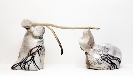 Image: Belinda Fox and Jason Lim, Balancing the World I. 3 piece hand built rake and pit fired ceramics, 56 x 103 x 33 cm. Image