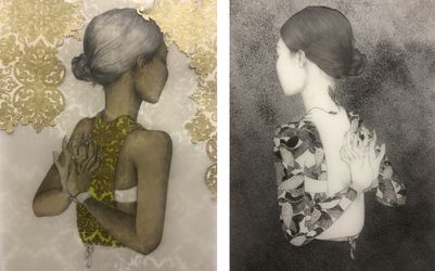 Fay Ku, Prayer I and Player II (diptych) (2020). Graphite on translucent drawing film, glue and metallic paper. 27.9 x 21.6 cm each. Courtesy Karin Weber Gallery, Hong Kong. 