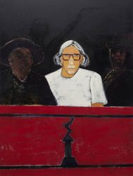 Joan Brown, _Charlie Sava + Friends (Rembrandt + Goya)_ (1973). Enamel on canvas. 244 x 183 cm. Courtesy Matthew Marks Gallery, Los Angeles.Image from:Joan Brown Painted What She KnewRead Advisory PickFollow ArtistEnquire