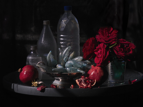 Fiona Pardington, My Mother's Roses, Pomegranates and Silver Platter of Ihumoana, Ripiro Beach, 2013​. Pigment inks on Hahnemuhle photo rag 308gsm, size variable. Image