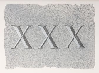 Ed Ruscha, XXX (Dedicated to a Jug of Whiskey) (2021). Acrylic and pencil on museum board. 15 x 20 inches. © Ed Ruscha. Courtesy Gagosian.