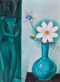 Madame Miklos et vase de fleurs by Gustave Miklos contemporary artwork painting, works on paper