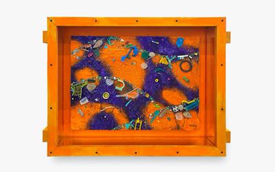 Ashley Bickerton, Small Flotsam Painting (Orange/Purple) (2020). Acrylic and found beach flotsam on canvas board with artist made plywood construction.  59.7 x 78.7 x 14 cm. Courtesy Gajah Gallery.