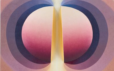 Loie Hollowell, Split orbs in purple, mauve, and green (2021) (detail). Oil paint, acrylic medium and high density foam on linen over panel. 121.9 cm × 91.4 cm × 9.5 cm. Courtesy Pace Gallery.