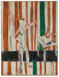 Standing Nude Against Red and White Stripes by Allan Kaprow Estate contemporary artwork painting