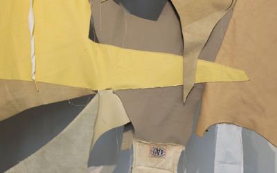Esteban Ramón Peréz, Star Spangled (2019) (detail). Leather, remnants of an American flag, boxing glove cotton interior, silk, acrylic, wood, brass. 304.8 x 365.8 x 71.1 cm. Courtesy Lehmann Maupin. 