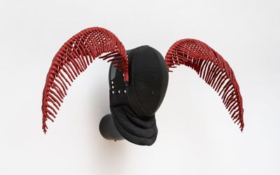 Annie Ratti, Silk moth antennae (2021). Resin, pigment, steel, fencing mask, PVC pipe. 43 x 114 x 33 cm. Courtesy Amanda Wilkinson Gallery.