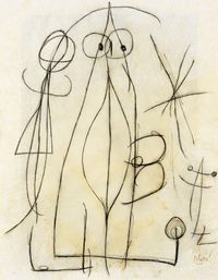 Femme attrapant un oiseau attiré par le sexe béant de cette femme, à l'ombre d'une étoile by Joan Miró contemporary artwork works on paper
