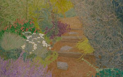 Hayley Barker, Summer Valentine Path (2024) (detail). Oil on linen. 254.3 x 208.3 cm. Courtesy Ingleby. Photo: Paul Salveson.