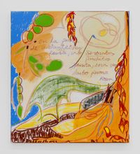 En el patio de adelante hay rosas, uno sembraba parchitas, vainita, una vez hubo puma rosa... / In the front yard, there are roses, one used to plant passion fruits, green beans, once there was rose apple... by Nadia Hernández contemporary artwork painting