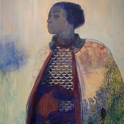 Pamela Phatsimo Sunstrum, The Knitter (2020) (detail). Pencil and oil on wood panel. Courtesy Goodman Gallery.
