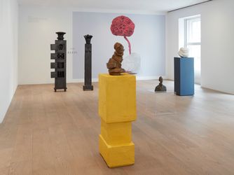 Exhibition view: Group Exhibition, Stage Fright, LGDR, New York (7 April–4 June 2022). Courtesy LGDR. Centre: Louise Bourgeois, Labyrinthine Tower. © The Easton Foundation/VAGA at ARS, NY.