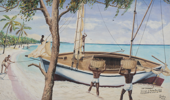 Clement Siatous, Ile Diamont, Groupe de Perhos Banhos, Chargement de Coco en 1955, 2001. Acrylic on linen, 26.25 x 45.75 in. / 66.7 x 116.2 cm. Image
