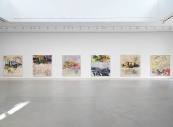 Exhibition view: Rita Ackermann, Splits: Printing | Painting, Hauser & Wirth, New York  (2 May 2024 – 26 July 2024). © Rita Ackermann. Courtesy the artist and Hauser & Wirth. Photo: Thomas Barratt. 