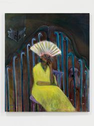 Rosalind Nashashibi, The Yellow Dress (Morisot with a Fan) (2022). Oil on linen. Courtesy the artist and GRIMM, Amsterdam/New York/London.Image from:Rosalind Nashashibi Goes Through the Legs and Between the Shutters at Nottingham ContemporaryRead Advisory PerspectiveFollow ArtistEnquire