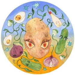 Charlotte Mui Ngo-Suet, Potato Salad (2022). Watercolour and acrylic on paper, 25cm diameter. Courtesy Alisan Fine Arts. 