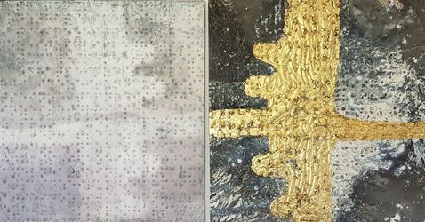 Peter Panyoczki, Enola Gay Braille (2006/2022) (detail). Mixed media, led and stones on aluminium diptych. 120 x 240 cm. Courtesy the artist and Karin Weber Gallery, Hong Kong. 