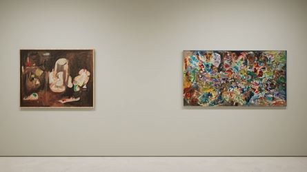 Exhibition view: Created in HWVR, Arshile Gorky & Jack Whitten, picturing Arshile Gorky, Pastoral (c. 1947) and Jack Whitten, Garden in Bessemer VI (1968). © (2019) The Arshile Gorky Foundation / Artists Rights Society (ARS) / © Jack Whitten Estate. Courtesy the estates and Hauser & Wirth.